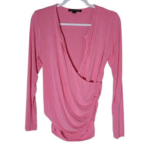 Boston Proper Ribbed Top Women's Size Small Pink Faux Wrap Ruched Sides Y Neck